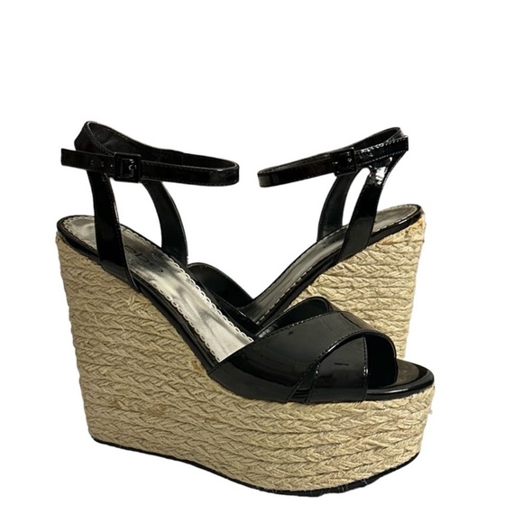 Bebe Black Patent Karissa Espadrille Wedge Platform Sandals Size 9.5 - Picture 8 of 11